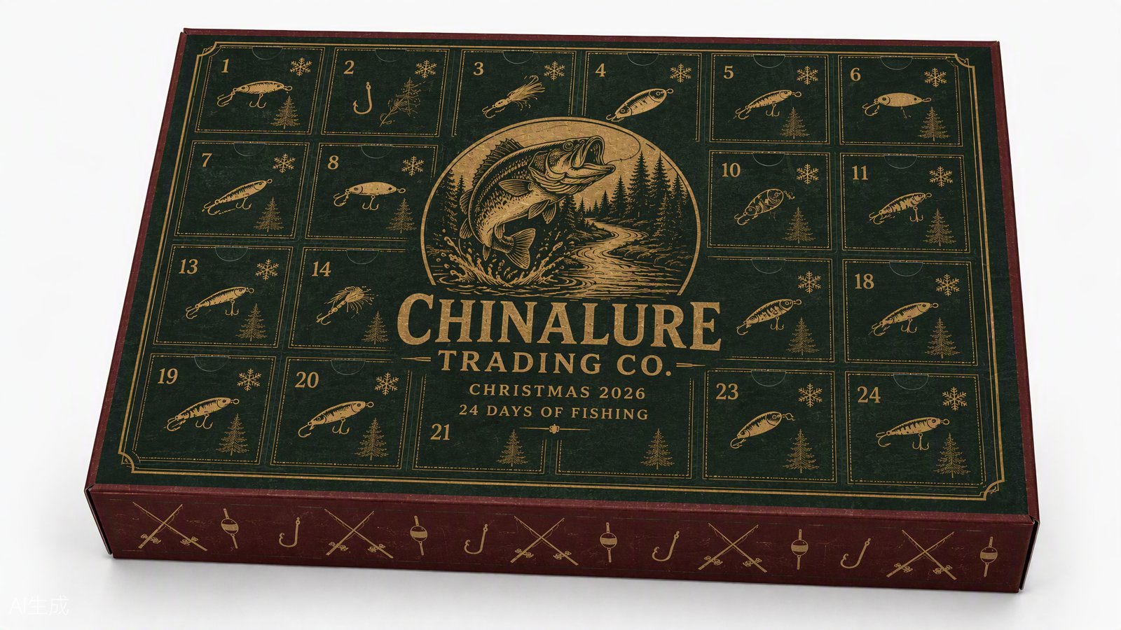 China Lure Fishing Christmas Advent Calendar 2026 - Classic vintage green box exterior with 24 numbered doors and gold fishing lure illustrations