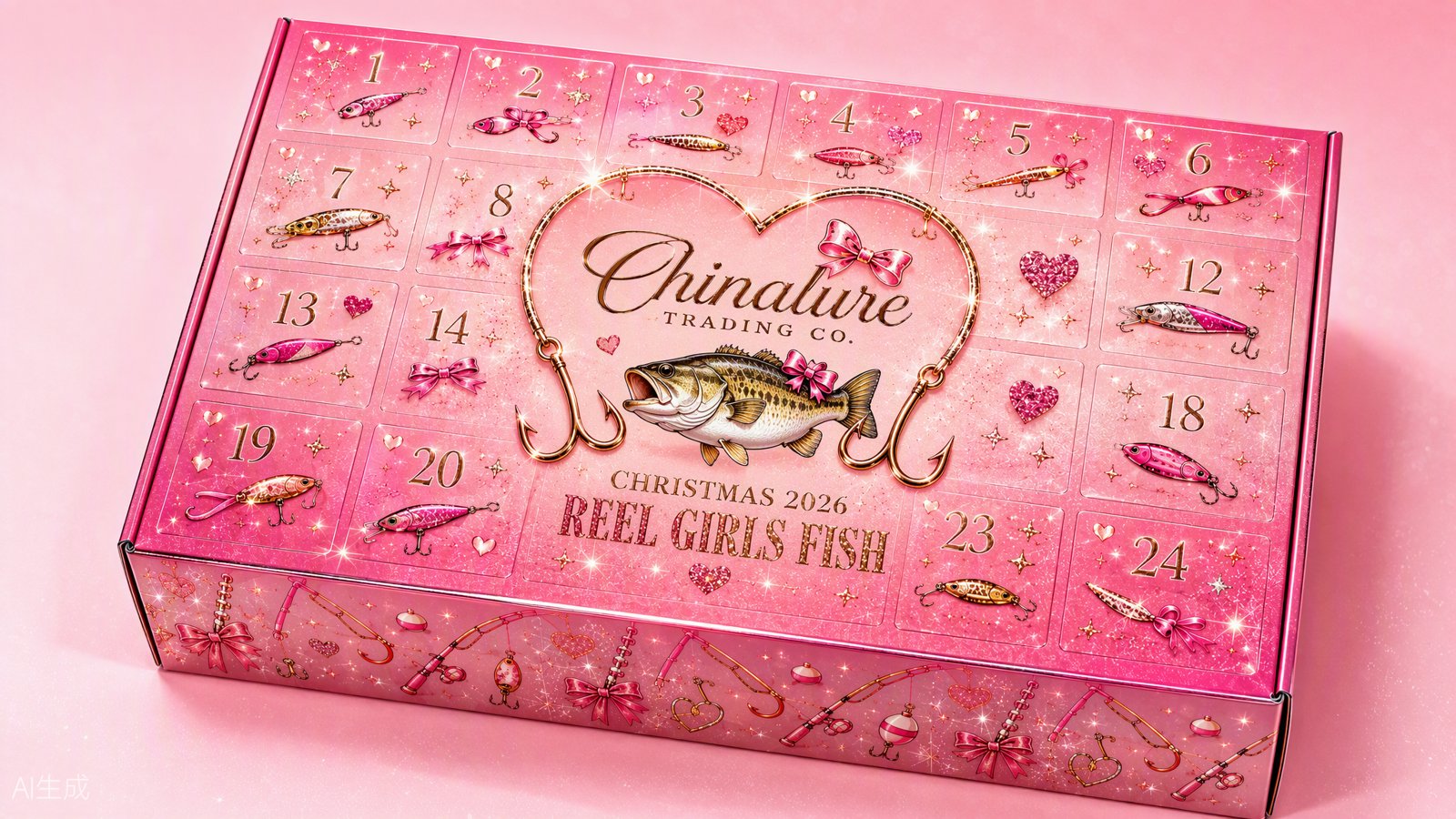China Lure Pink Reel Girls Fish Christmas Advent Calendar exterior with pink glitter design hearts and bows