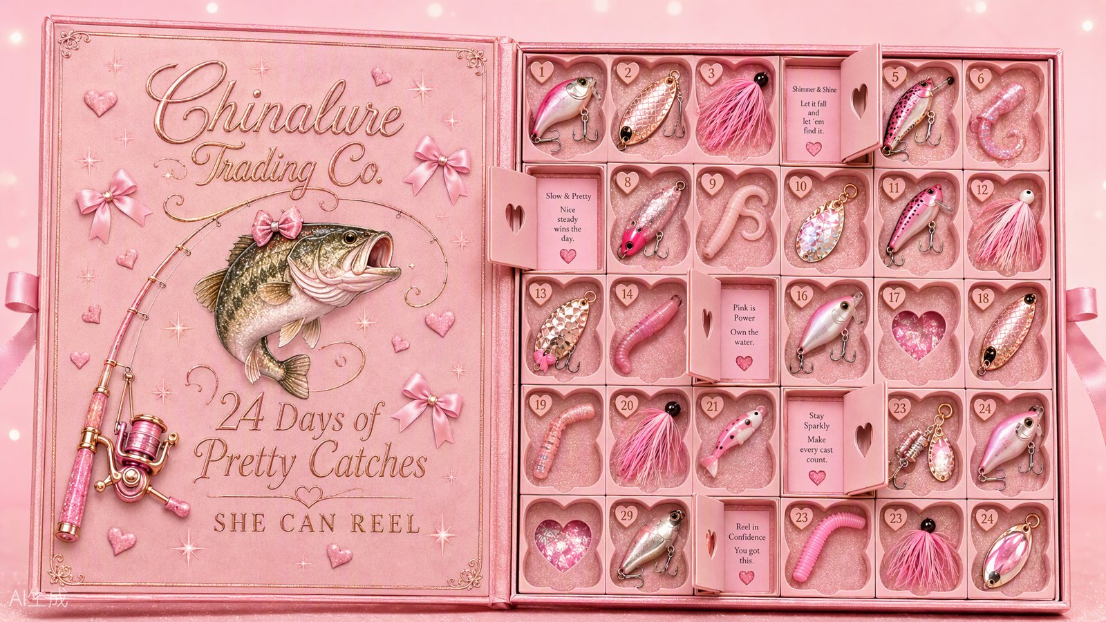 China Lure Pink Advent Calendar opened showing 24 pink themed fishing lures and pretty catches for girls who love fishing